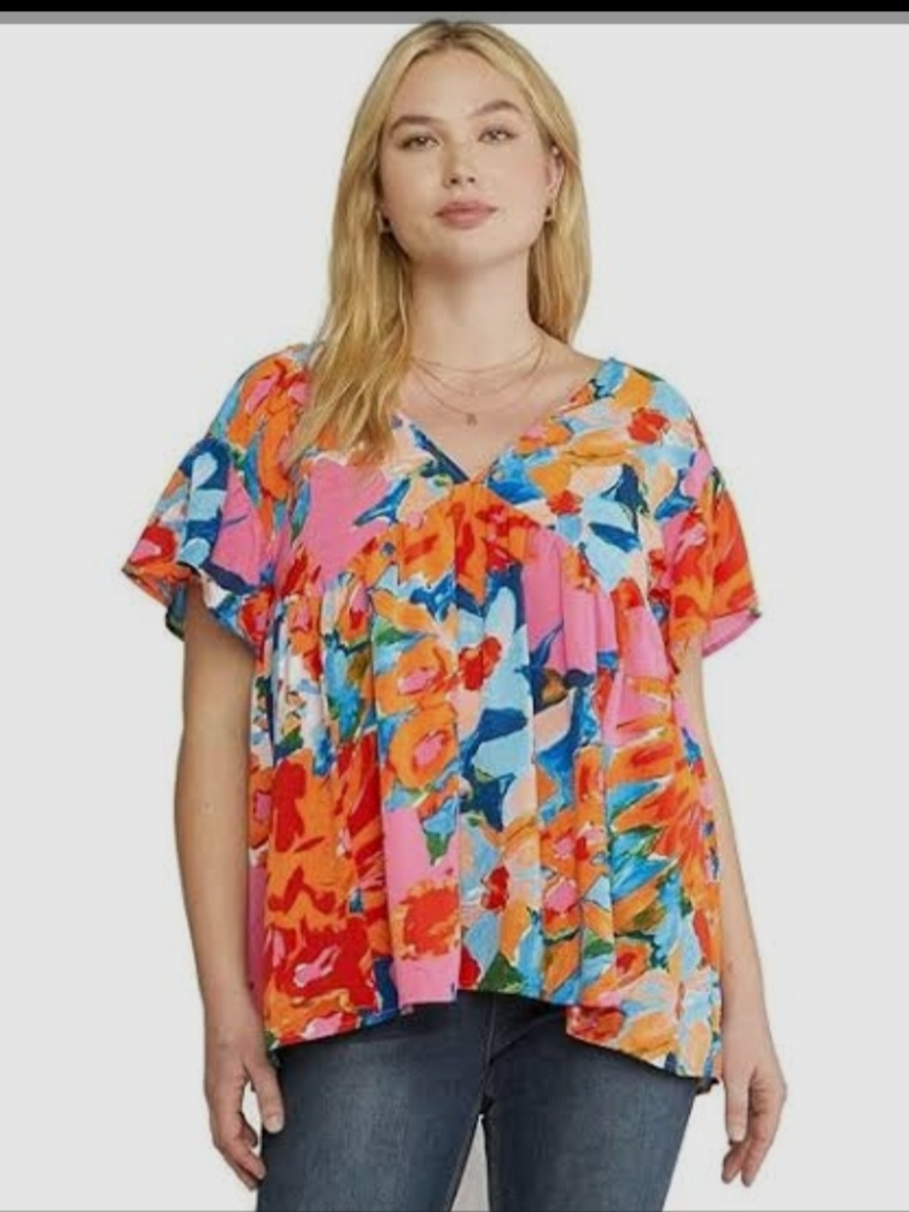 Entro Women’s Double V-Neck Tie Back Floral Top; Size XL